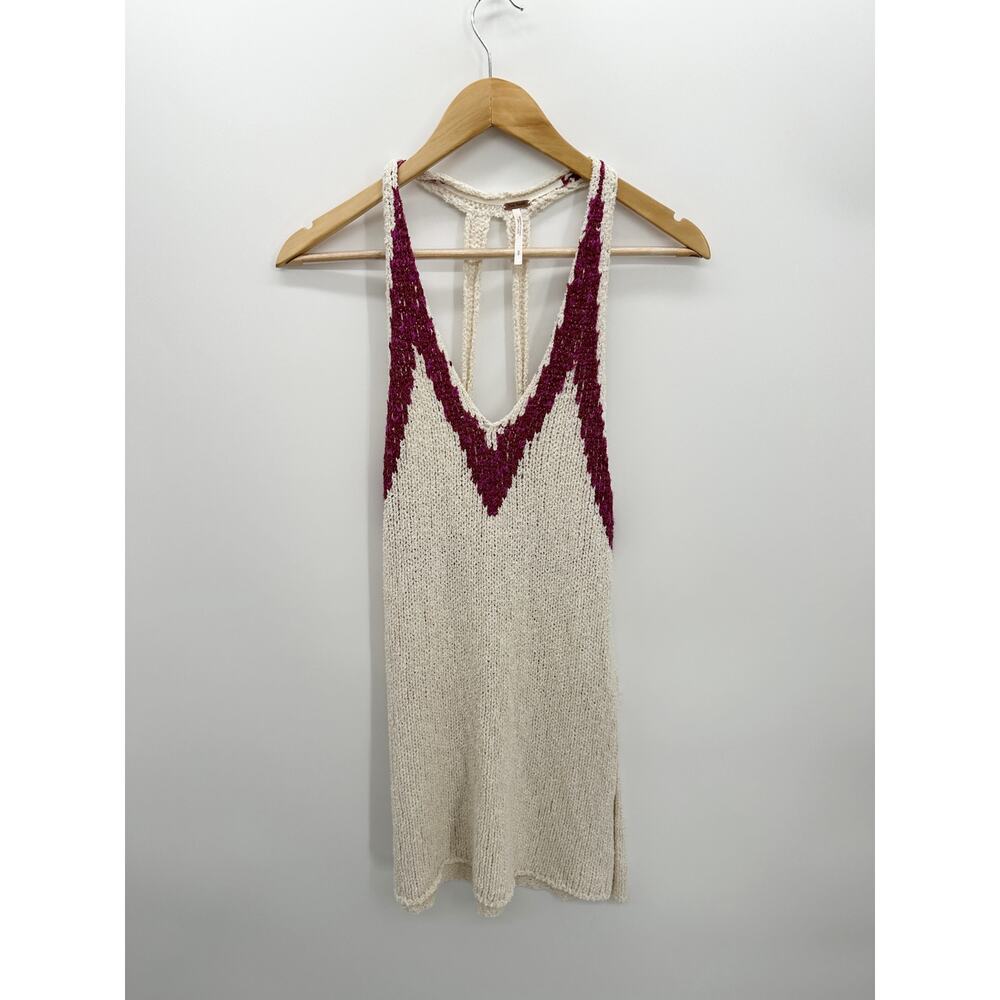 Free People Women Small Cream Knit‎ Sweater Tank Deep V Racerback Tunic Chevron